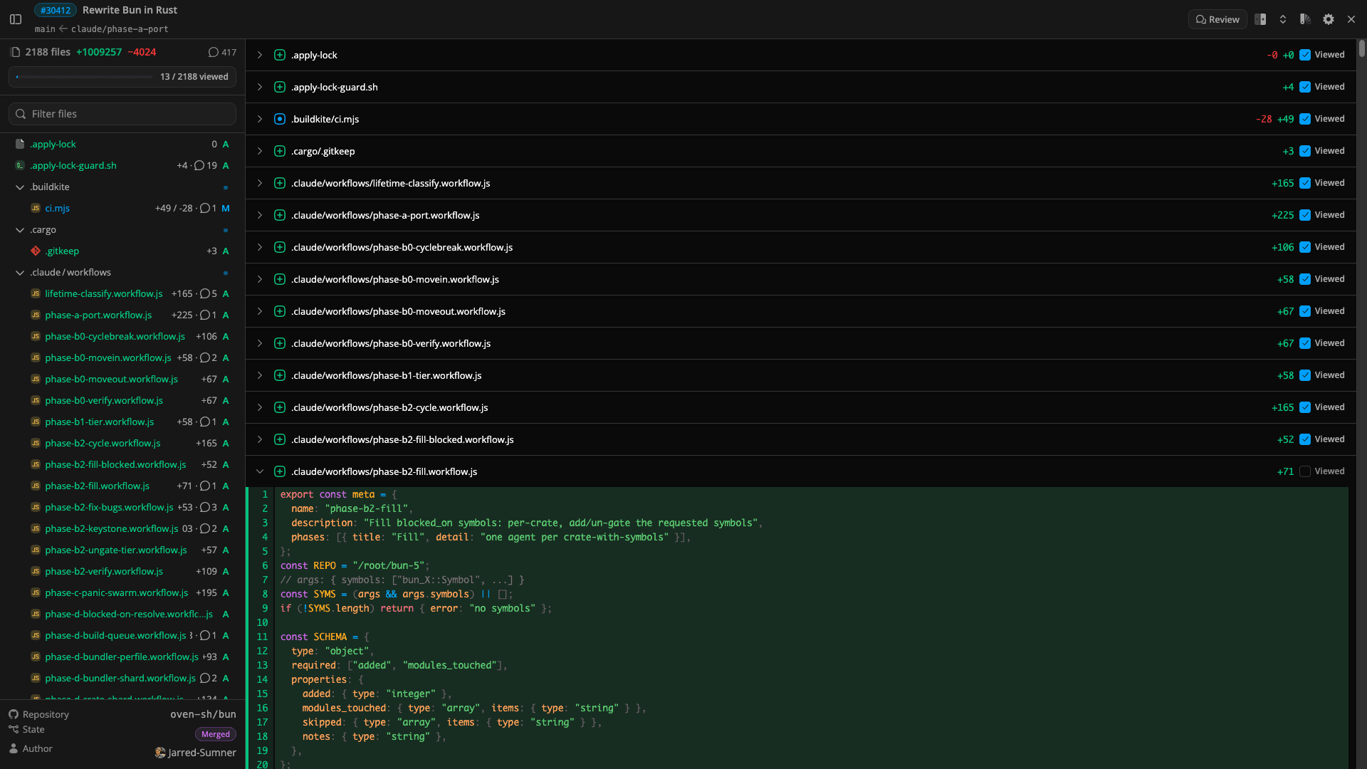 diffy reviewing a large GitHub pull request with a searchable file tree, full-file diffs, and inline comments